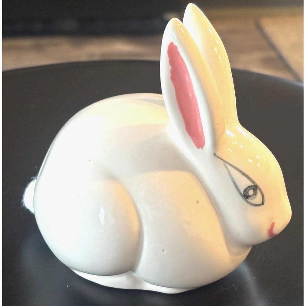 Vintage Bunny Rabbit Cotton Ball Tail Dispenser Holder White Vanity Figurine